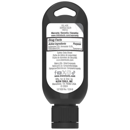 The back of a black plastic bottle with a white label displaying the drug facts and safety data sheet for Kleen Tools brand.