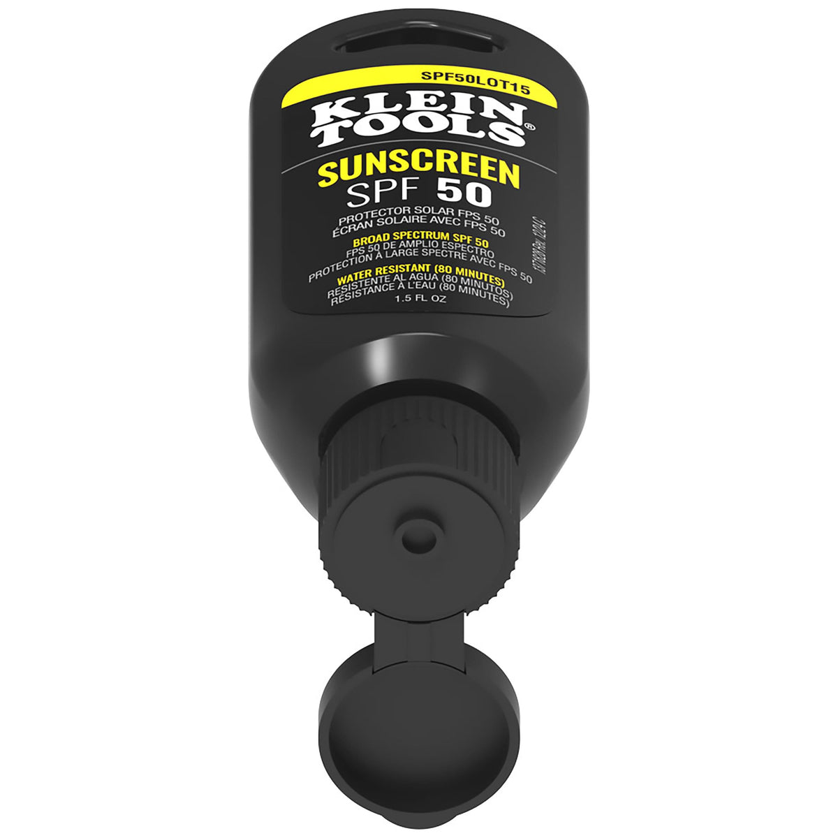 Black sunscreen container with 'Klein Tools' branding on a white background