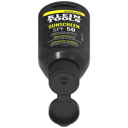 Black sunscreen container with 'Klein Tools' branding on a white background