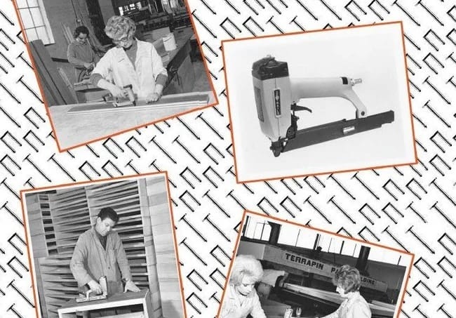 Load video: Collage of a woman using a nail gun with additional images of people and a machine on a geometric patterned background.
