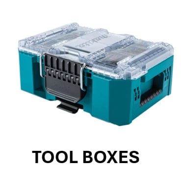 Makita tool box oraganizer with a green body and clear plastic lid with the text "TOOL BOXES"