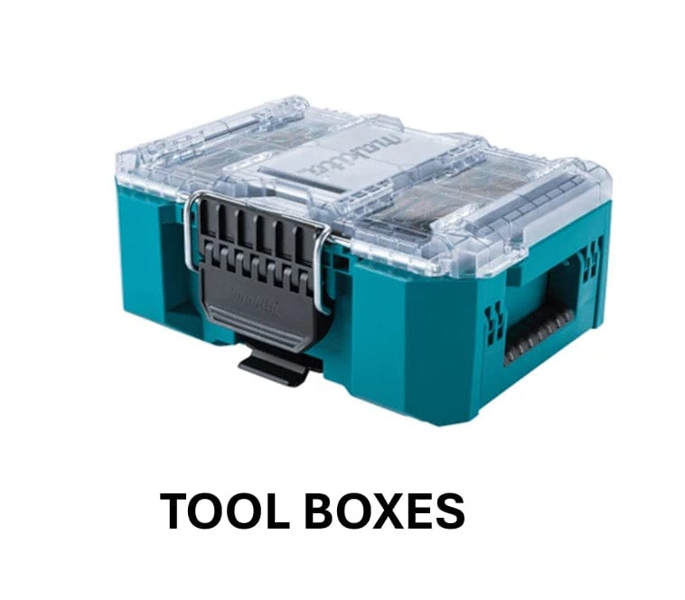 Makita tool box oraganizer with a green body and clear plastic lid with the text "TOOL BOXES"