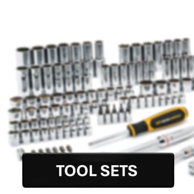 Tool Sets button on a blurry background with a set of chrome sockets and wrenches