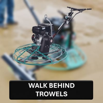 Walk behind trowel machine with text 'WALK BEHIND TROWELS' on a blurred background