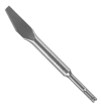 This image features a single, light gray pointed chisel bit, angled diagonally from the upper left to the lower right. The top left features a sharp, pointed tip, while the tool tapers to a narrower shank with grooves at the lower right for tool attachment.