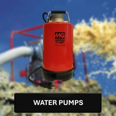 Red water pump with MQ logo against a blurred natural background