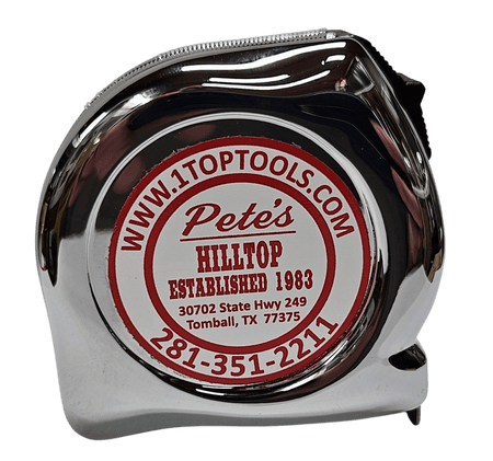 Front view of a professional 25 foot chrome tape measure featuring a high-polish impact resistant housing with a custom 1toptools.com promotional label.