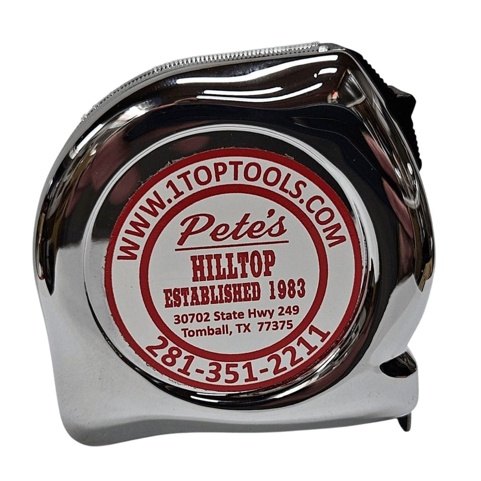 Front view of a professional 25 foot chrome tape measure featuring a high-polish impact resistant housing with a custom 1toptools.com promotional label.