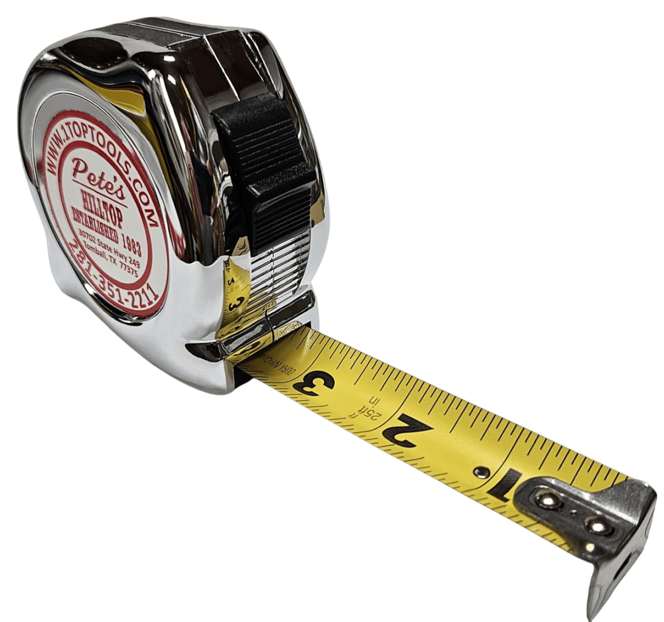Angled view of the chrome tape measure with the 1 inch wide yellow blade partially extended, showing high visibility SAE scale markings and the thumb lock mechanism.