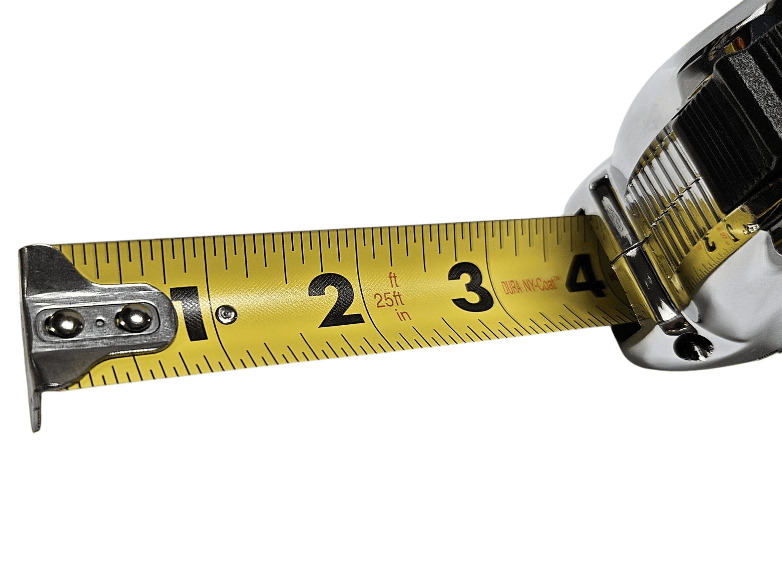 Close-up detail of the 25ft measuring tape blade highlighting the high-visibility fraction markings, Dura NY-Coat protective finish, and the multi-catch end hook.