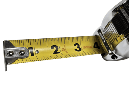 Close-up detail of the 25ft measuring tape blade highlighting the high-visibility fraction markings, Dura NY-Coat protective finish, and the multi-catch end hook.