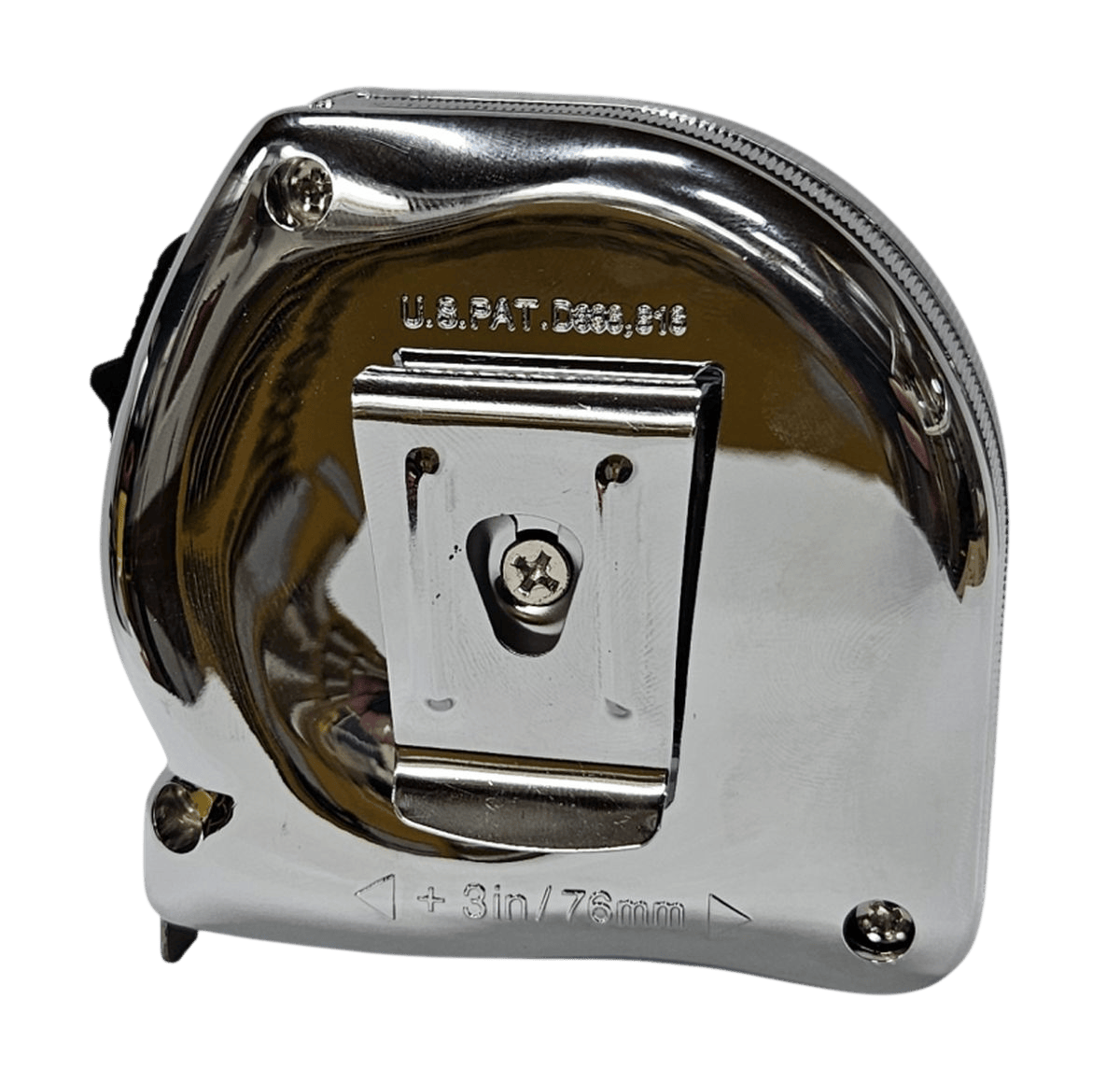 Rear view of the chrome tape measure housing showing the heavy-duty stainless steel belt clip and the 3 inch or 76mm case width dimension for accurate inside measurements.