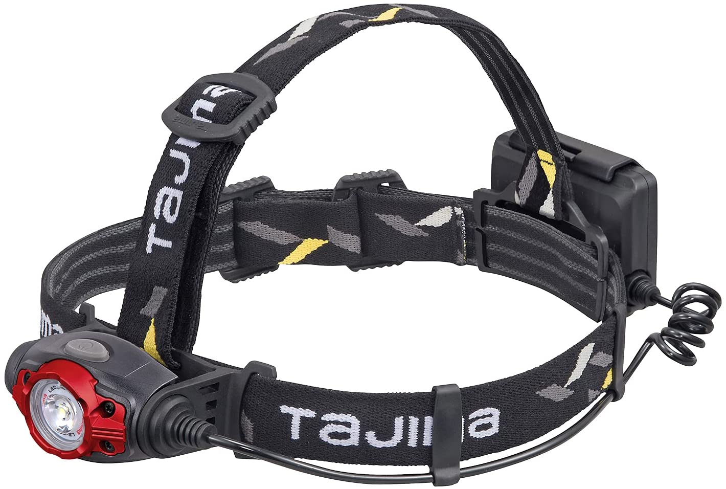 This one looks like a Tajima brand, as the name is visible on the straps. It appears to have an adjustable elastic headband and a light unit with a red accent around the lens.