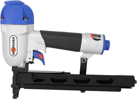 Side view 16 Ga 1-1/2" Crown Stapler. 
This is a profile view of a pneumatic stapler or nail gun, predominantly white and black with a vibrant blue top and accents. It features a long, horizontal black magazine extending to the right, a textured black grip, and "SPOTNAILS" branding vertically on the side.
