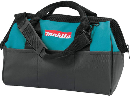 Image of Makita Heavy-Duty 14" Contractor Tool Bag. An angled shot shows a two-toned tool bag with a dark gray or black bottom and a bright teal top. The bag has two short carrying handles on top, a detachable shoulder strap, and a red and white Makita logo on the teal section.