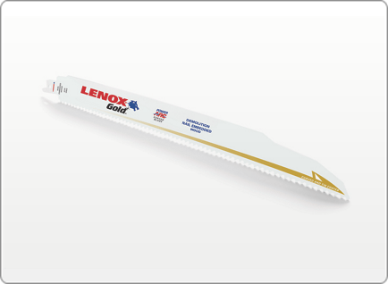 Image  Curved Demolition Reciprocating Saw Blade ONE.  This is a long, narrow, white reciprocating saw blade, angled slightly upward from left to right. The blade has a jagged cutting edge along its bottom, and "LENOX Gold" is printed in red and gold near the top left, along with other descriptive text in blue such as "DEMOLITION" and "NAIL EMBEDDED WOOD".