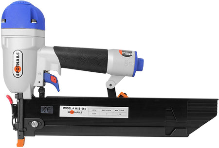 Image of Spotnails 16 Ga Brad Nailer side view. This is a large, grey and black pneumatic nail gun with a blue top, positioned horizontally. The side of the tool features the "SPOTNAILS" logo in white, and a black label with white text showing the "MODEL # W1B1664" and various nail length specifications.