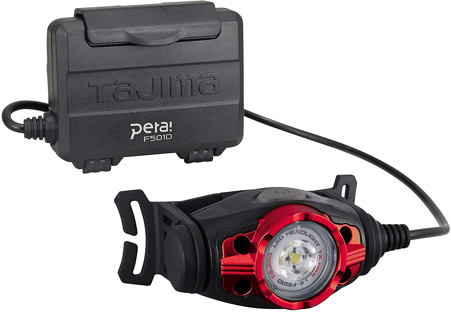 This gives us a much clearer view. This is a Tajima Peta LED Headlight F501D. We can see the "Tajima" branding on the battery pack and the "Peta F501D" marking on both the battery pack and around the light itself. It looks like a robust headlamp, likely quite bright.