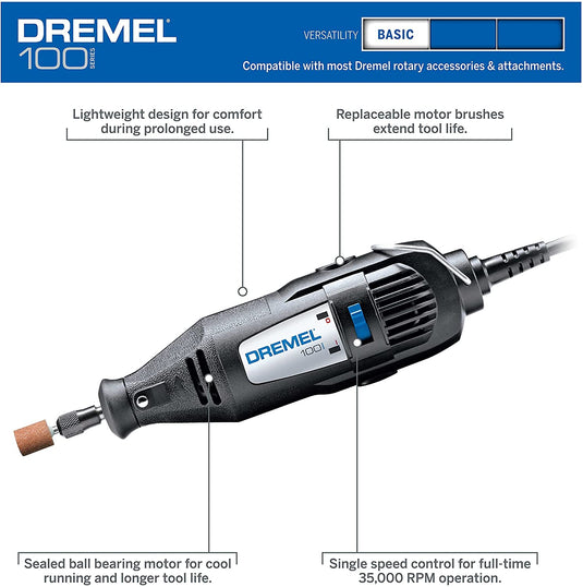 Dremel 100-N/7 Single Speed Mini Rotary Tool Kit with 7 Accessories- Hobby Drill, Small Pen Sander, Garden Tool Sharpener, Craft & Jewelry Drill, Black