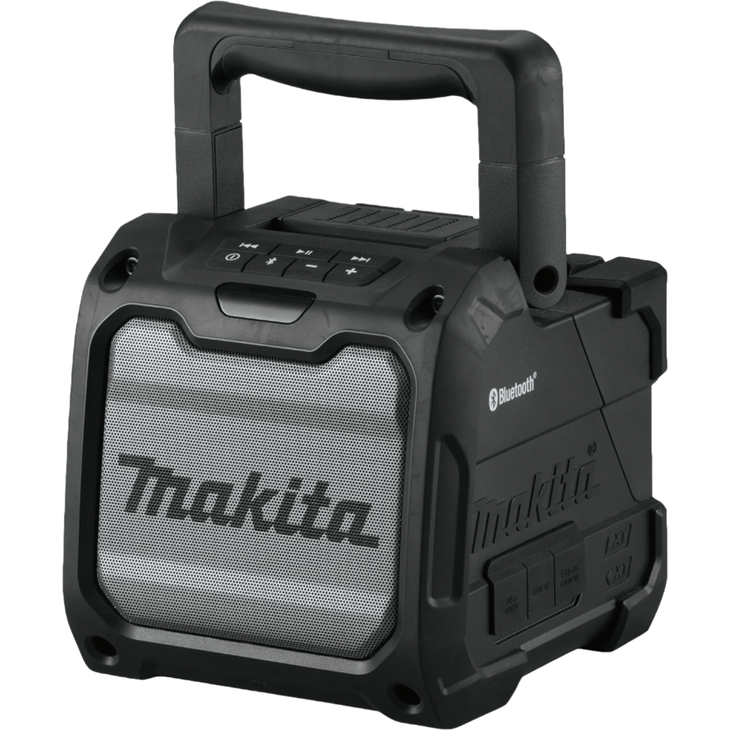 This is a box-shaped device with a mesh front and a sturdy handle on top for carrying. It is mostly black with the word "Makita" printed on the front and has buttons on the top for controlling its functions.