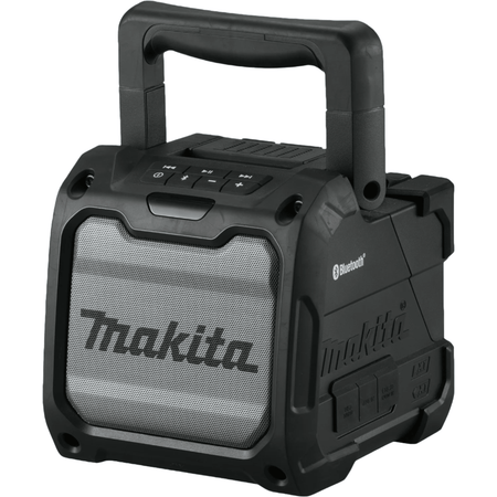 This is a box-shaped device with a mesh front and a sturdy handle on top for carrying. It is mostly black with the word "Makita" printed on the front and has buttons on the top for controlling its functions.
