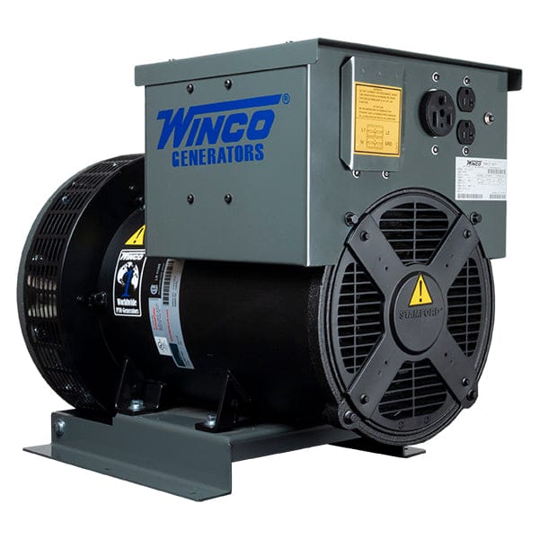 The generator is a large, rectangular unit with a sturdy metal frame, gray in colo. One side features a control panel with various power outlets, voltage meters, and circuit breakers. The Winco branding is prominently displayed on the unit. The PTO shaft connection is located at the back, designed to connect to a tractor’s PTO system, which drives the generator when engaged. The generator is mounted on a solid steel base 