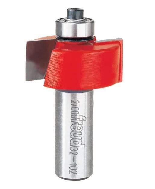 Image of Freud 1-1/4" Rabbeting Bit. 
This is a close-up image of a woodworking router bit, featuring a striking red body with two large, exposed silver cutting blades on opposite sides. A small silver bearing is visible at the very top, and the silver shaft below the red body has the brand name "Freud" and model number "32-102" engraved vertically.