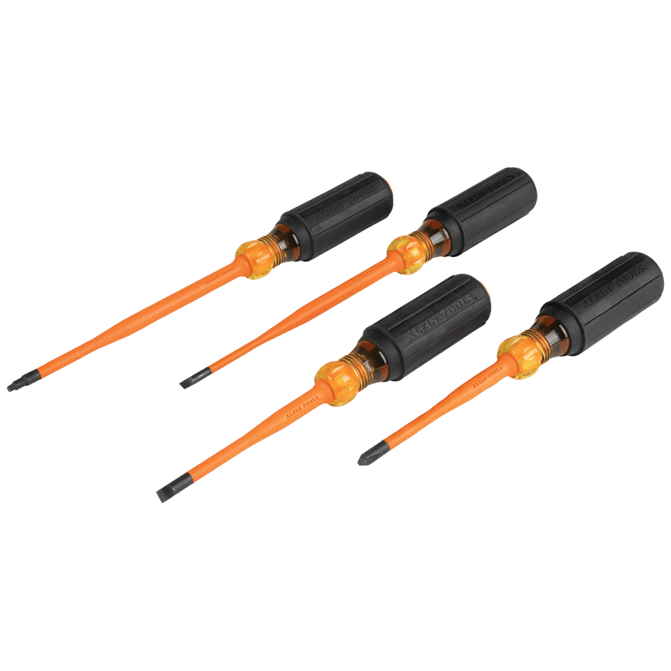 Klein Screwdriver Set, Slim-Tip Insulated Phillips, Cabinet, Square, 4-Piece 33734INS. This is a product advertisement for four screwdrivers with orange shafts and black handles, arranged diagonally against a dark background with a subtle repeating pattern.