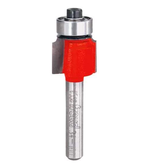 Image of Freud 1/16" Radius Rounding Over Bit. This is a close-up of a Freud router bit with a cylindrical silver shank marked with the "freud" logo and "34-100". The top portion features a red, curved cutting head and a silver bearing.