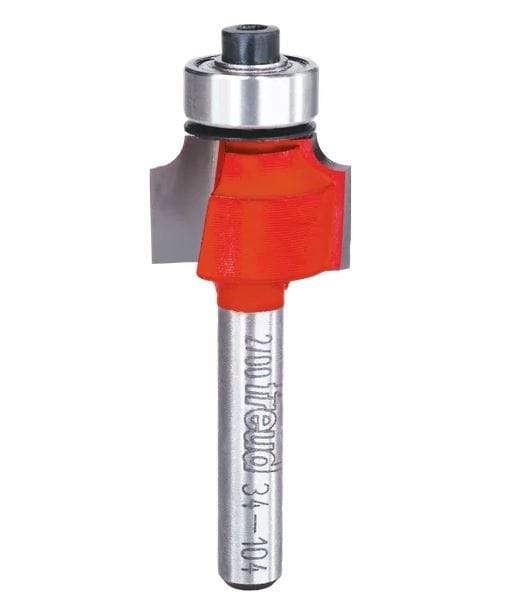 Image of Freud 1/8" Radius Rounding Over Bit. This is a close-up of a Freud router bit with a cylindrical silver shank marked with the "freud" logo and "34-104". The top portion features a red, curved cutting head and a silver bearing.