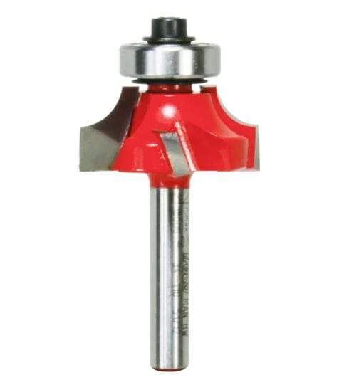 Image of Freud 1/4" Radius Rounding Over Bit.  This is a vertical image of a woodworking router bit, featuring a red body with a silver-toned shank and a bearing at the top. The cutting edges are silver and have a rounded profile, indicating it's used for creating decorative or rounded edges on wood.