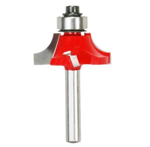 Image of radius beading bit. 
This is a vertical image of a woodworking router bit, featuring a red body with a silver-toned shank and a bearing at the top. The cutting edges are silver and have a distinct curved profile, indicating its use for creating decorative rounded edges on wood.