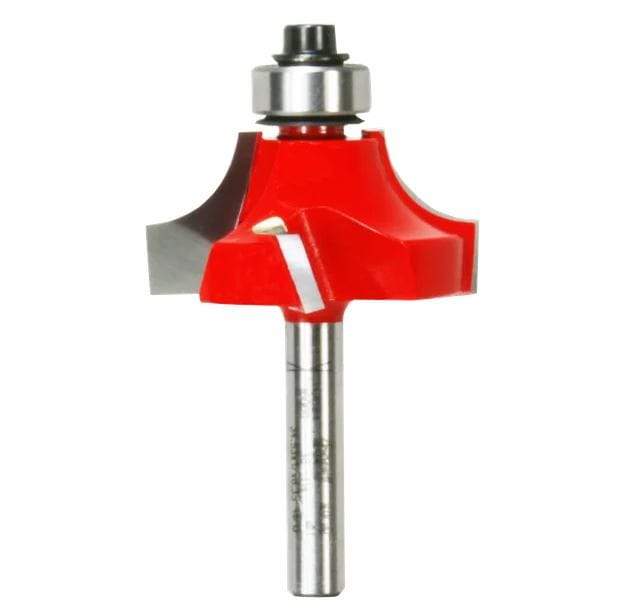 Image of Freud 3/8" Radius Beading Bit. This is a vertical image of a woodworking router bit, featuring a red body with a silver-toned shank and a bearing at the top. The cutting edges are silver and have a rounded profile, designed for creating decorative edges.