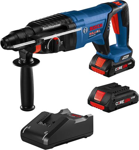 View of Bosch 18V SDS-Plus 1" Rotary Hammer with Battery, Battery, and Battery Charger. This image shows a blue and black Boschhammer rotary hammer drill, a heavy-duty power tool for drilling and chiseling in tough materials. It has a robust design with a large handle, and comes with two red and black Bosch Core 18V batteries and a black charging base, suggesting it's a complete cordless kit.