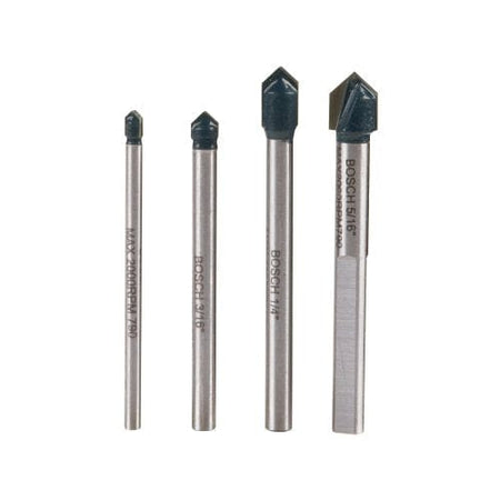 BOSCH GT2000 4-Piece Carbide Tipped Glass, Ceramic and Tile Drill Bit Set , silver. The image shows a set of four Bosch glass and tile drill bits arranged horizontally from smallest to largest. Each bit has a silver cylindrical shank and a dark, spear-shaped carbide tip designed for drilling through fragile materials.