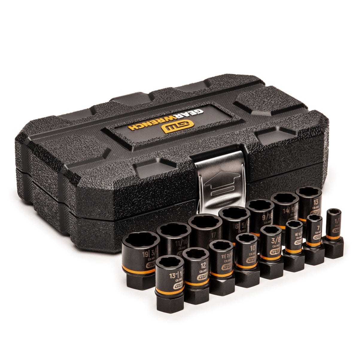 GearWrench 15pc 1/4" & 3/8" Drive Bolt Biter™ Impact Extraction Socket Set with hard case. 
The image features a Gearwrench 15-piece Bolt Biter Impact Extraction Socket Set, displayed with a textured black plastic carrying case in the background. In front of the case, sixteen individual black sockets with orange bands are arranged in two rows, showcasing various sizes printed on their sides.