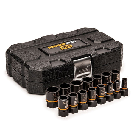 GearWrench 15pc 1/4" & 3/8" Drive Bolt Biter™ Impact Extraction Socket Set with hard case. 
The image features a Gearwrench 15-piece Bolt Biter Impact Extraction Socket Set, displayed with a textured black plastic carrying case in the background. In front of the case, sixteen individual black sockets with orange bands are arranged in two rows, showcasing various sizes printed on their sides.