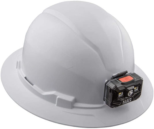 Klein White Hard Hat, Non-Vented, Full Brim with Rechargeable Headlamp