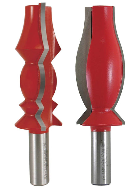 This image displays two large, red router bits with silver cutting edges, designed for shaping wood. They feature ornate, symmetrical profiles, suggesting their use for creating decorative molding or trim.