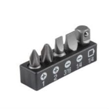 Klein Slim-Profile Mini Ratchet Set, 5-Piece 65200 bits
The image shows a set of tools on a white background. A black holder contains several small, silver screwdriver bits. The bits vary in size and shape, including flat-head and Phillips head. Some bits have labels indicating their size. The tools appear to be for precision work.