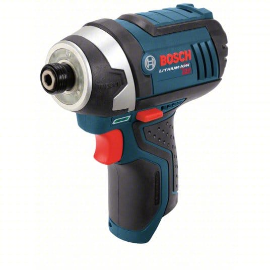  A small, comfortable, pistol-shaped power tool with a hexagonal opening at the front. This is a Bosch cordless impact driver, designed to quickly and powerfully drive screws and fasteners.