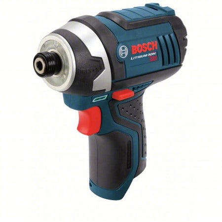  A small, comfortable, pistol-shaped power tool with a hexagonal opening at the front. This is a Bosch cordless impact driver, designed to quickly and powerfully drive screws and fasteners.