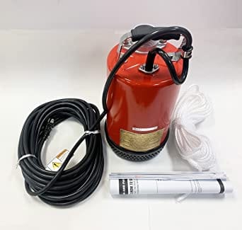 Smooth, red cylinder standing upright with a sturdy, curved handle on top and a thick, black power cord coiled beside it. Next to the pump and cord, there's a neatly coiled white rope and a rolled-up piece of paper, likely instructions.
