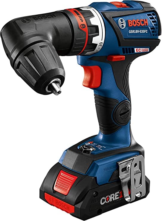 Drill with Right Angle attachment. The image features a blue and black Bosch GSR18V-535FC cordless drill/driver with an angled chuck attachment. The drill has a red trigger and accents, a battery pack at its base, and the Bosch logo visible on its side and the attachment.