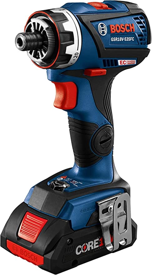 Drill/Driver with Bit Holder attachment. The image shows a blue and black Bosch GSR18V-535FC cordless drill/driver. The drill has a red trigger and accents, a battery pack attached at the bottom, and a quick-change chuck at the top.