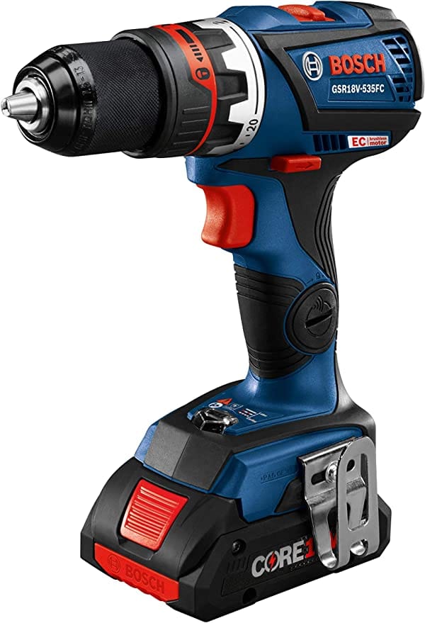 Bosch 18V Flexiclick Drill/Driver. The image shows a Bosch GSR18V-535FC cordless drill/driver. The drill is predominantly blue and black with red accents and has a battery pack attached at the bottom.