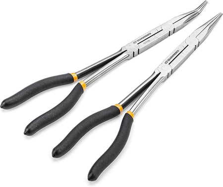 Both pairs have long, slender silver-colored metal jaws and black handles with a yellow accent band near the joint. The pliers are angled slightly, with the jaws pointing towards the upper right corner and the handles pointing towards the lower left. The Gearwrench logo is visible on the side of each pair.