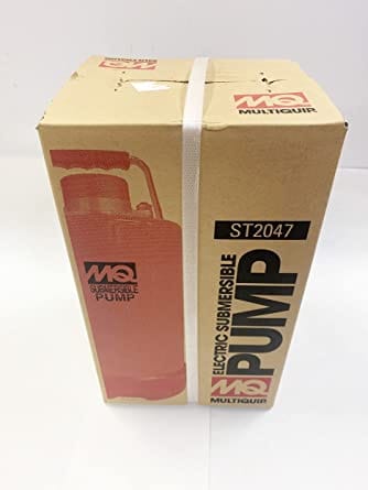  A rectangular cardboard box, sealed shut with a white strap wrapped around it. On the front of the box, you can feel a printed image of the submersible pump we just described – the smooth cylinder with the handle. There's also printed text indicating it's an "Electric Submersible Pump" and the brand name "Multiquip," along with a model number that might feel like "ST2047." The box feels like it contains the pump and its accessories, all packaged for transport or storage.