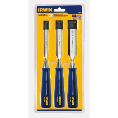  This image shows a 3-piece Irwin Marples Woodworking Chisel Set.

You can see the three chisels with their blue handles and different blade widths, packaged together in a retail blister pack. These chisels are designed for shaping wood and creating precise cuts.