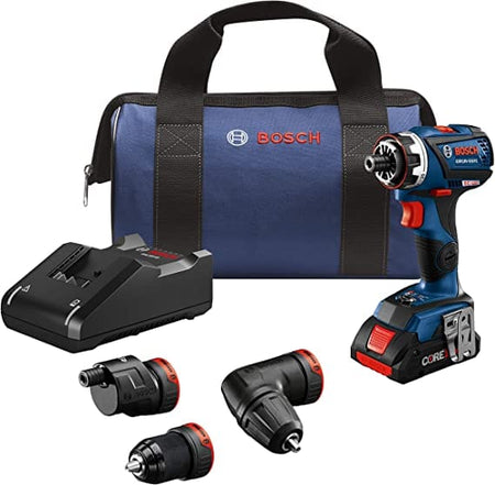 View of all pieces in kit. 
The image shows a Bosch GSR18V-535FCB15 18V EC Brushless Flexiclick 5-In-1 Drill/Driver Kit. It includes a blue and black drill/driver with a red accent, a blue and black bag, a black battery charger, and several drill/driver attachments.